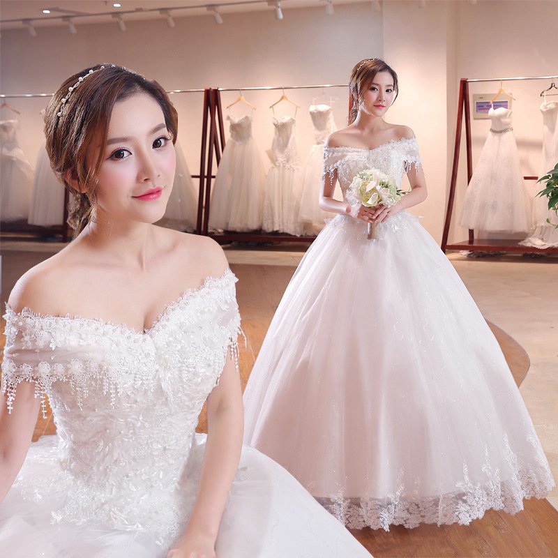 Shoulder-to-shoulder  Bridal Lace Plus Size Thin Shoulder Wedding Dress