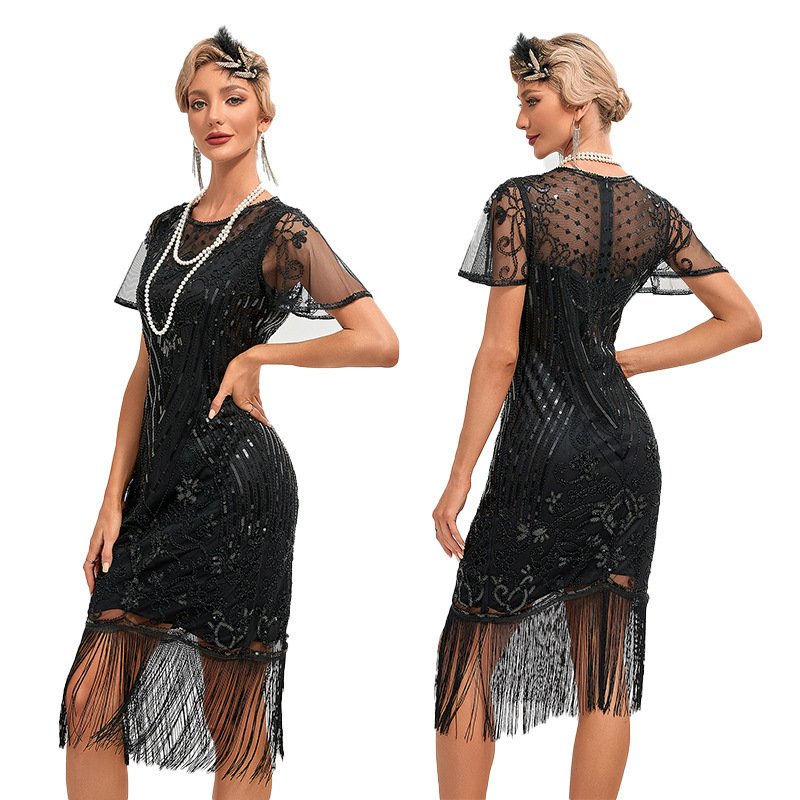 Womens Retro Party Sequin Tassel Dress - Image 7