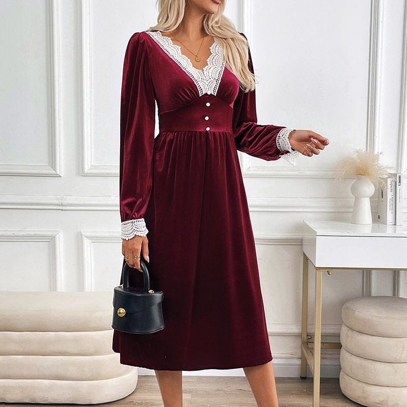 Womens AutumnWinter Party Velvet Maxi Dress Lace Patchwork Contrast-Color Gown