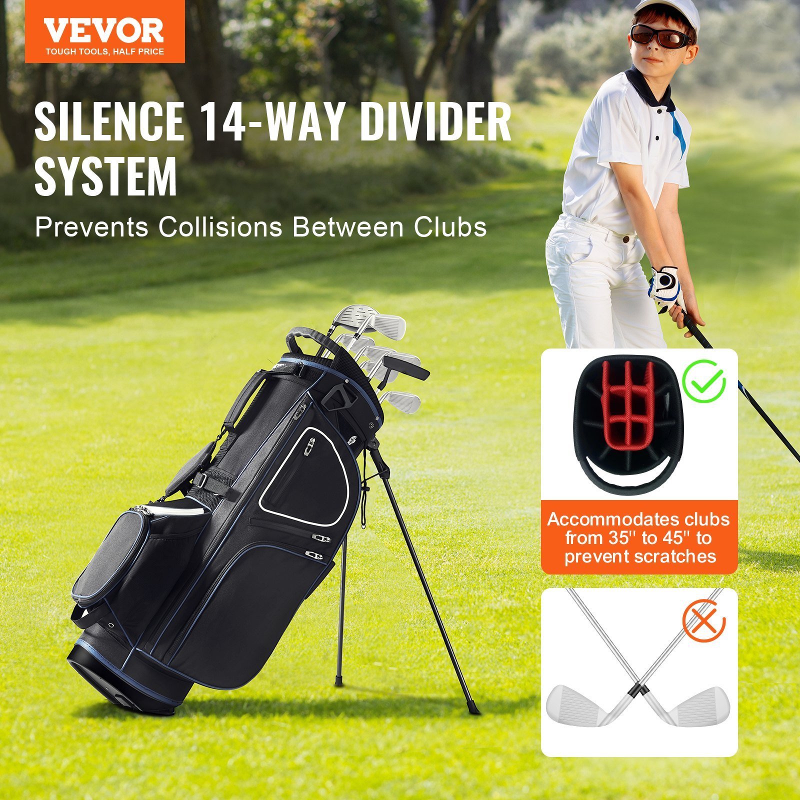 Golf Cart Bag With 14 Way Organizer Divider Top, 35” 11 Pockets Premium Cart Bag With Stand - Image 2