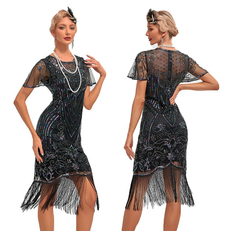 Womens Retro Party Sequin Tassel Dress - Image 5