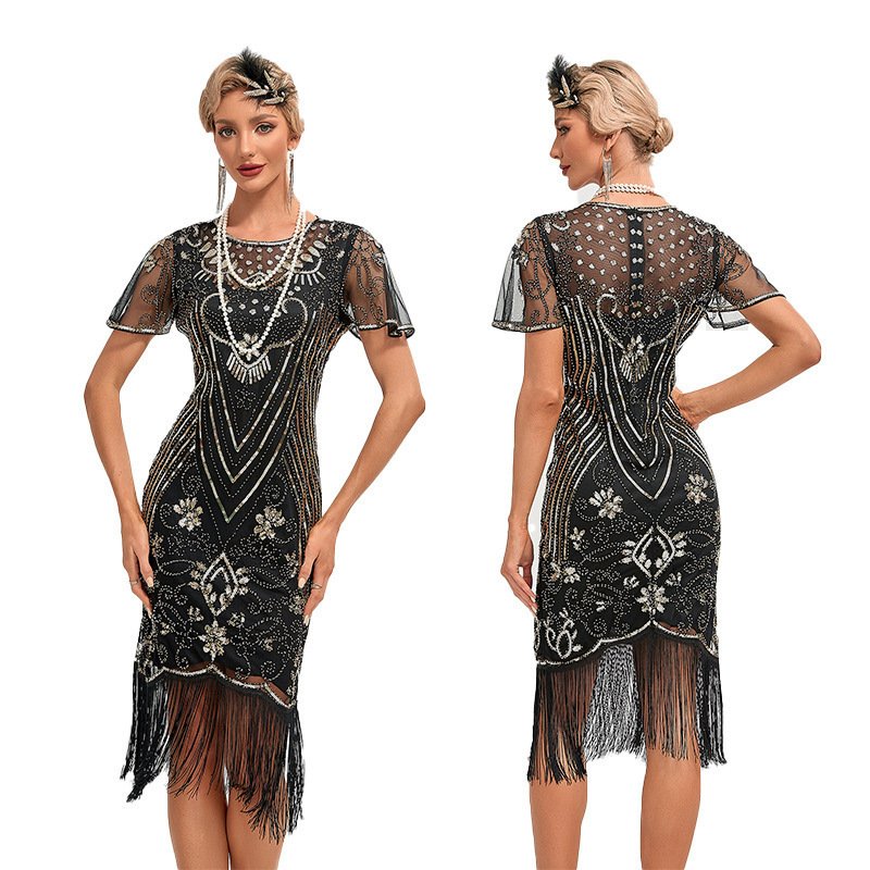 Womens Retro Party Sequin Tassel Dress - Image 3