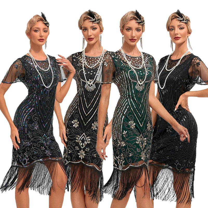 Womens Retro Party Sequin Tassel Dress - Image 4