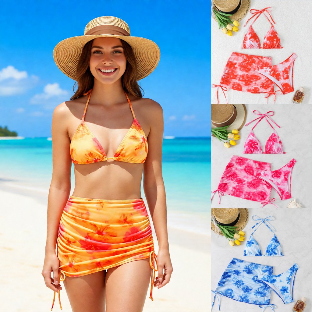 Women’s Two-Piece Bikini Beach Vacation Three-Piece Swimwear Set