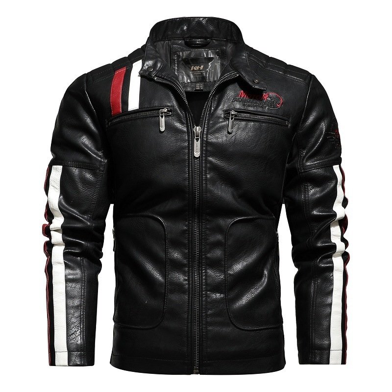 Mens Leather Jackets Motorcycle Stand Collar - Image 2